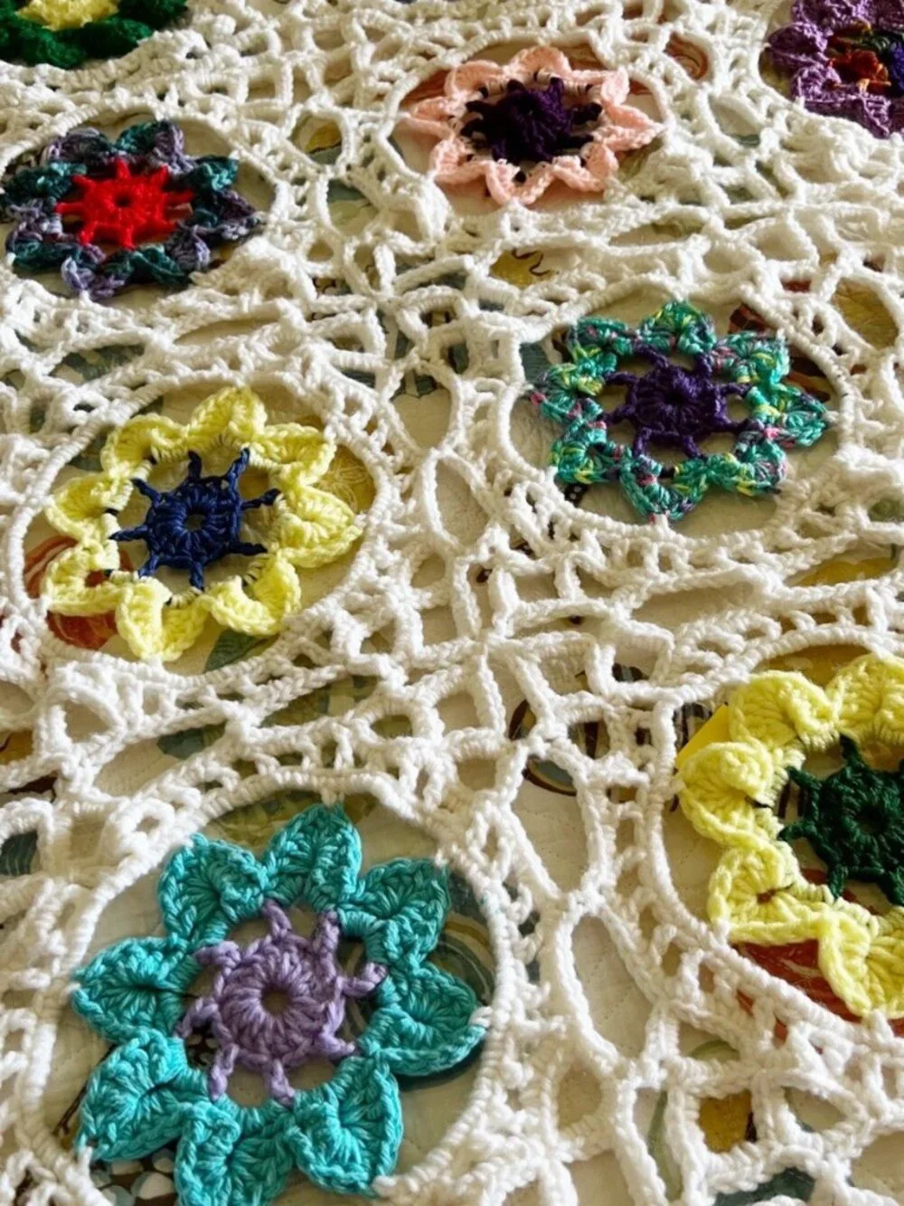 Colorful Fancy Granny Square w/ White Border Crochet Afghan Blanket Throw 50x100
